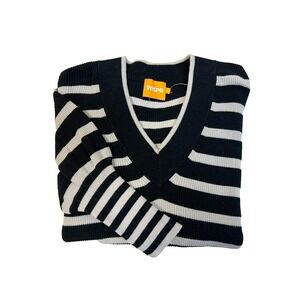 WISPR V-Neck Pullover Sweater Black Tan Stripe Cotton Blend Drop Shoulder SZ L